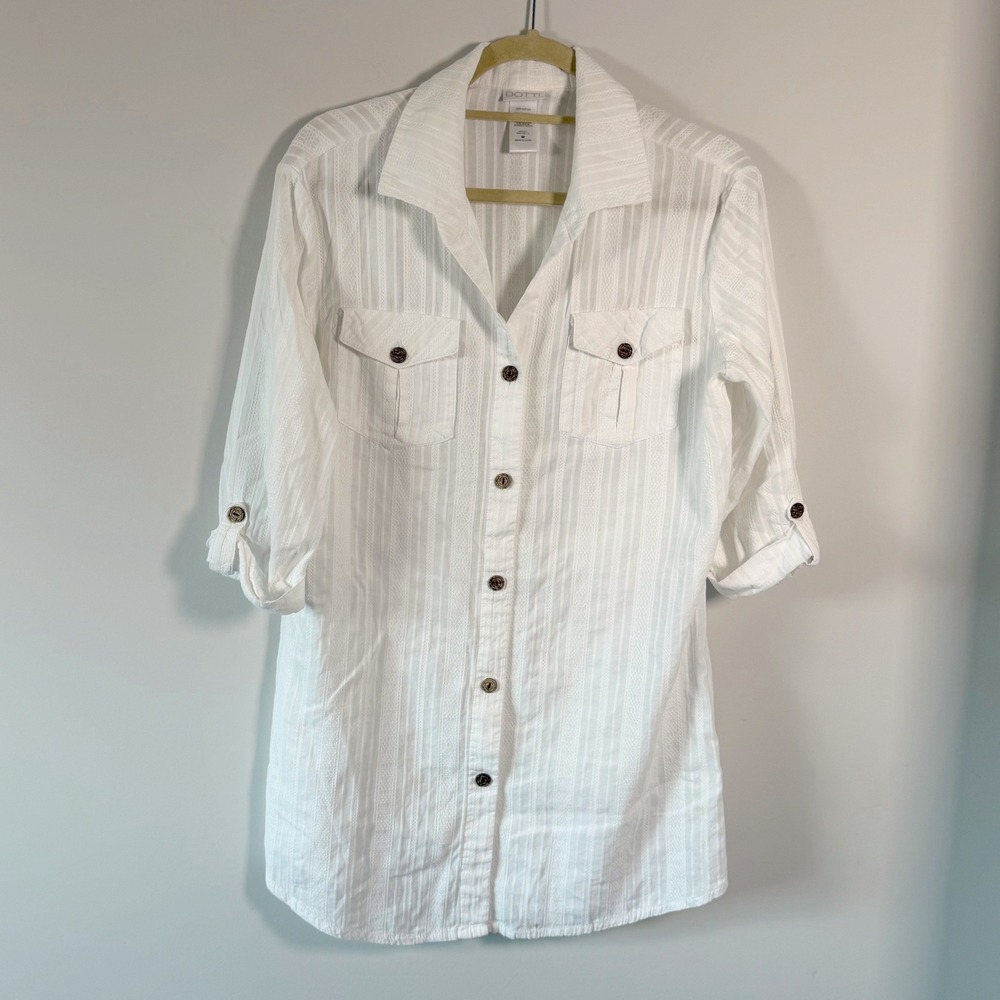 Dotti White Cotton Roll Tab Sleeve Textured Stripe Swim Cover Tunic Top M Beachy